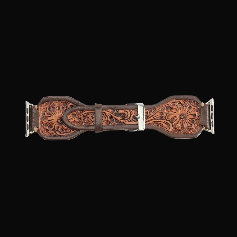 Lone Star Handtooled Leather Watch Band in Antique Mahogany