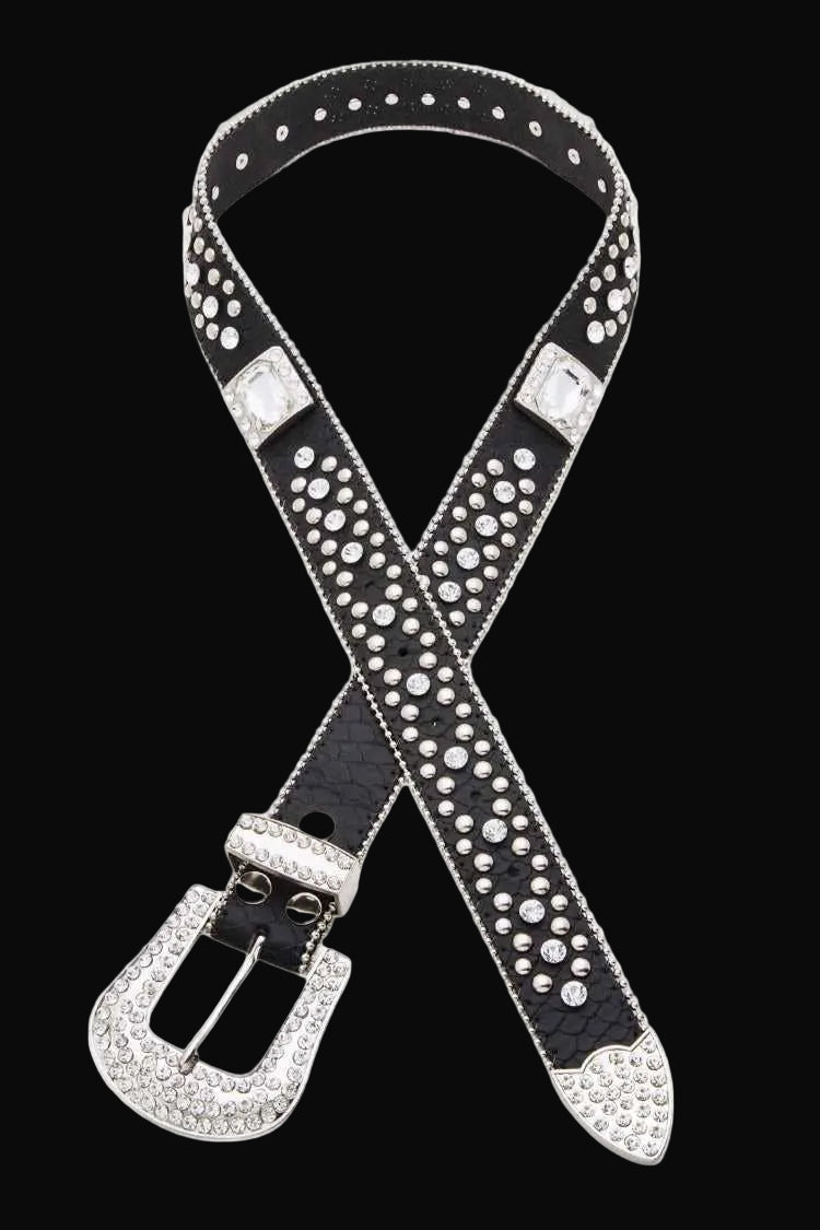 Rope & Spurs Crystal Square Heavy Stud Western Belt: Black/Clear