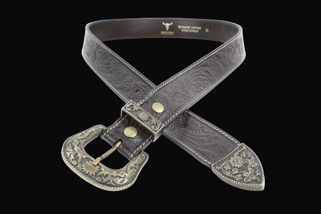 Black Tooled Leather Belt with Floral Filigree