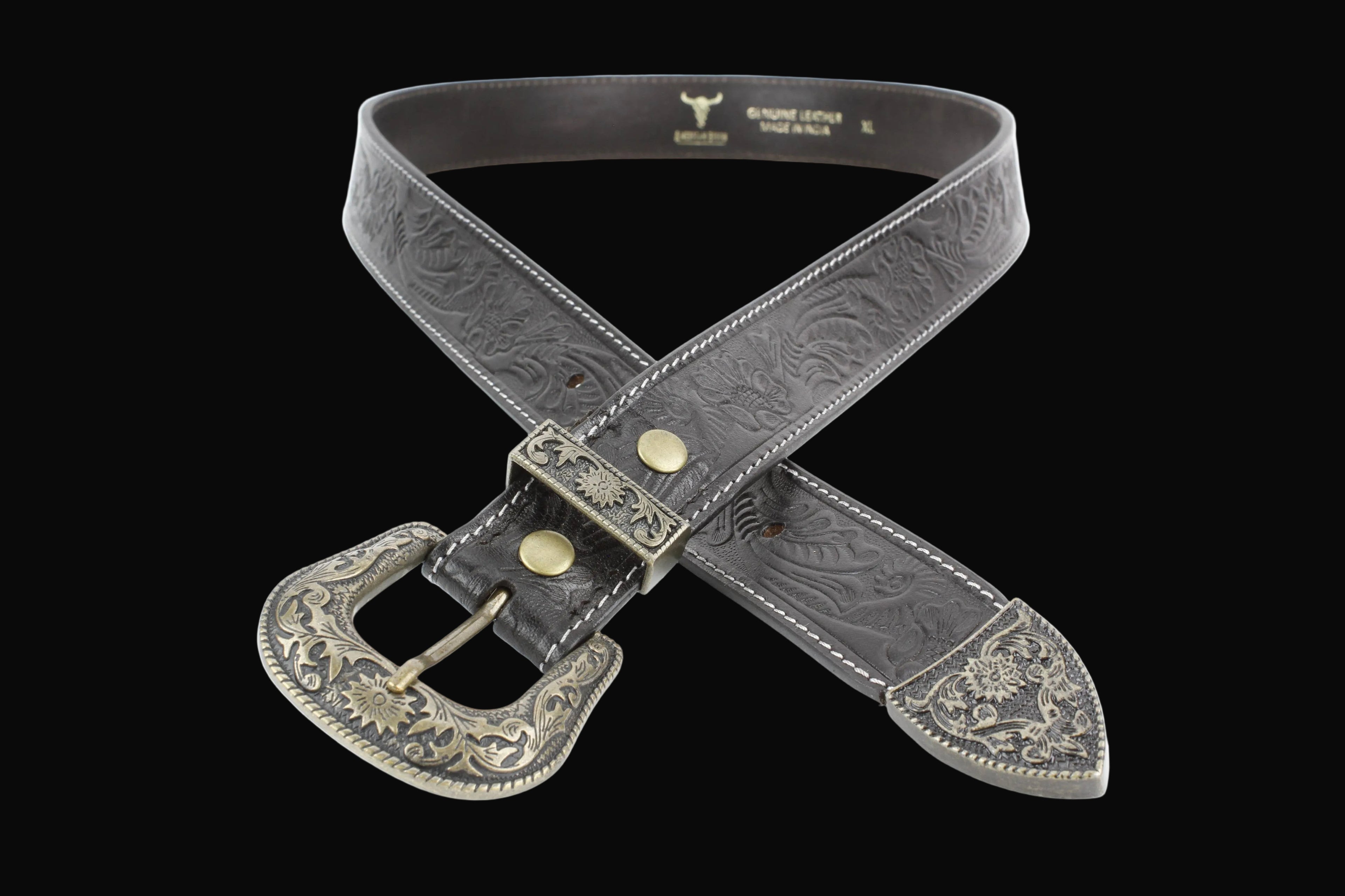Black Tooled Leather Belt with Floral Filigree