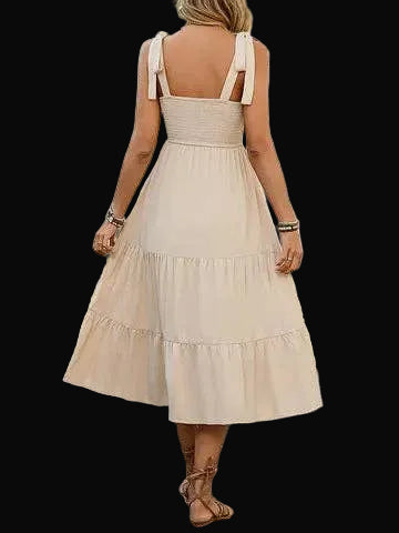 Boho Smocked Bodice Midi Dress with Tie Shoulder Straps: Apricot
