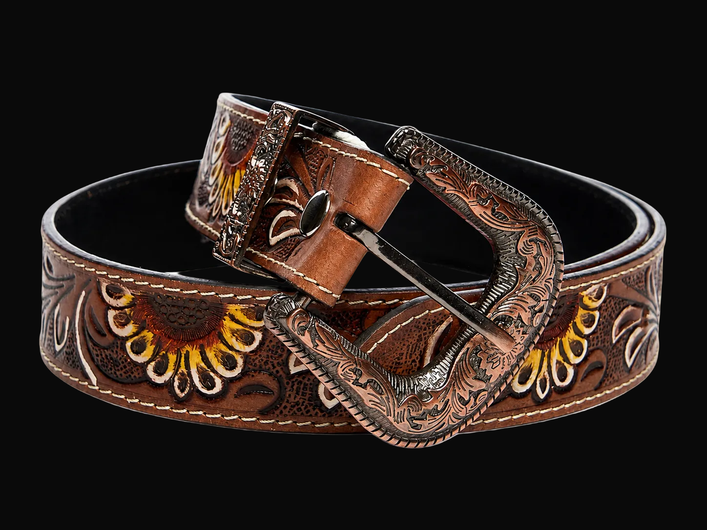 Leather Impressions Brown Tooled Leather Belt with Sunflower Detail