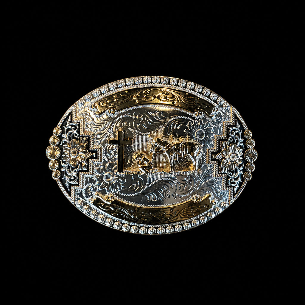 Modestone Oval Belt Buckle- Kneeling Cowboy rose gold and silver