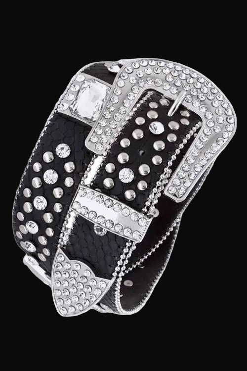 Rope & Spurs Crystal Square Heavy Stud Western Belt: Black/Clear