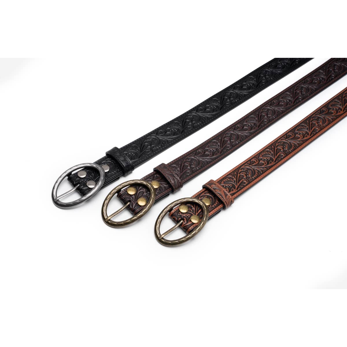 Floral Tooled Leather Western Belt with Antique Brass Buckle: Brown