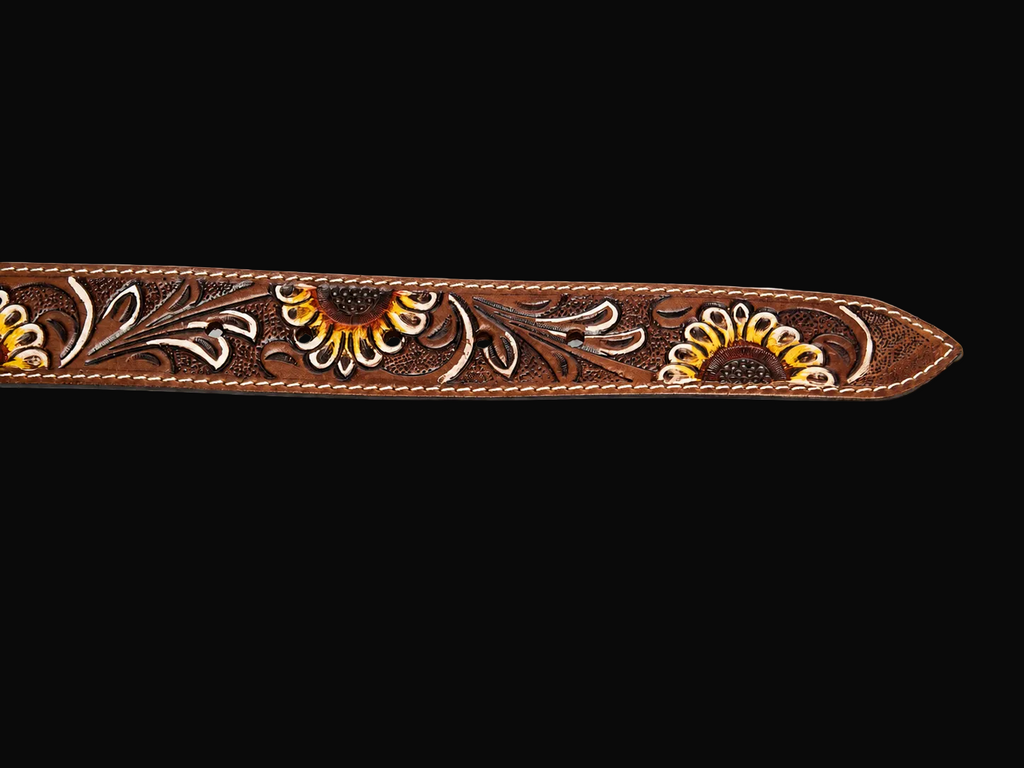 Leather Impressions Brown Tooled Leather Belt with Sunflower Detail
