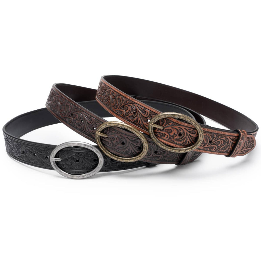 Floral Tooled Leather Western Belt with Antique Brass Buckle: Brown