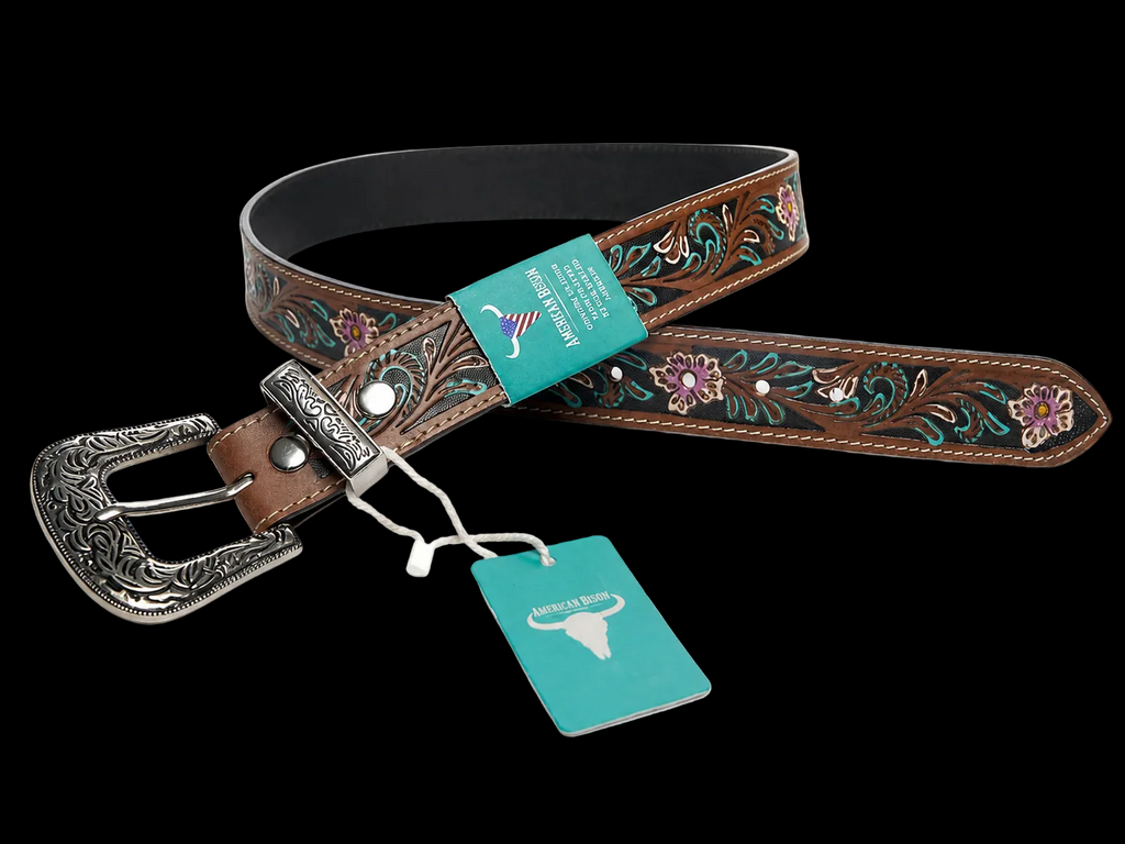 Leather Impressions Filigree Leather Belt with Floral Turquoise