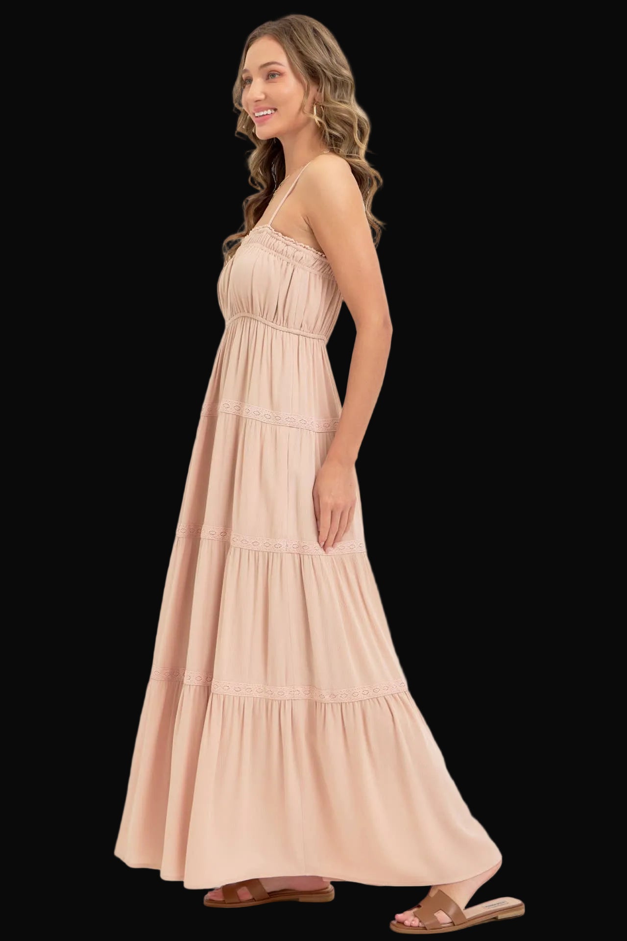 Sweet Lovely by Jen Womens Smocked Brodice Tiered Maxi Dress: Sand / Contemporary
