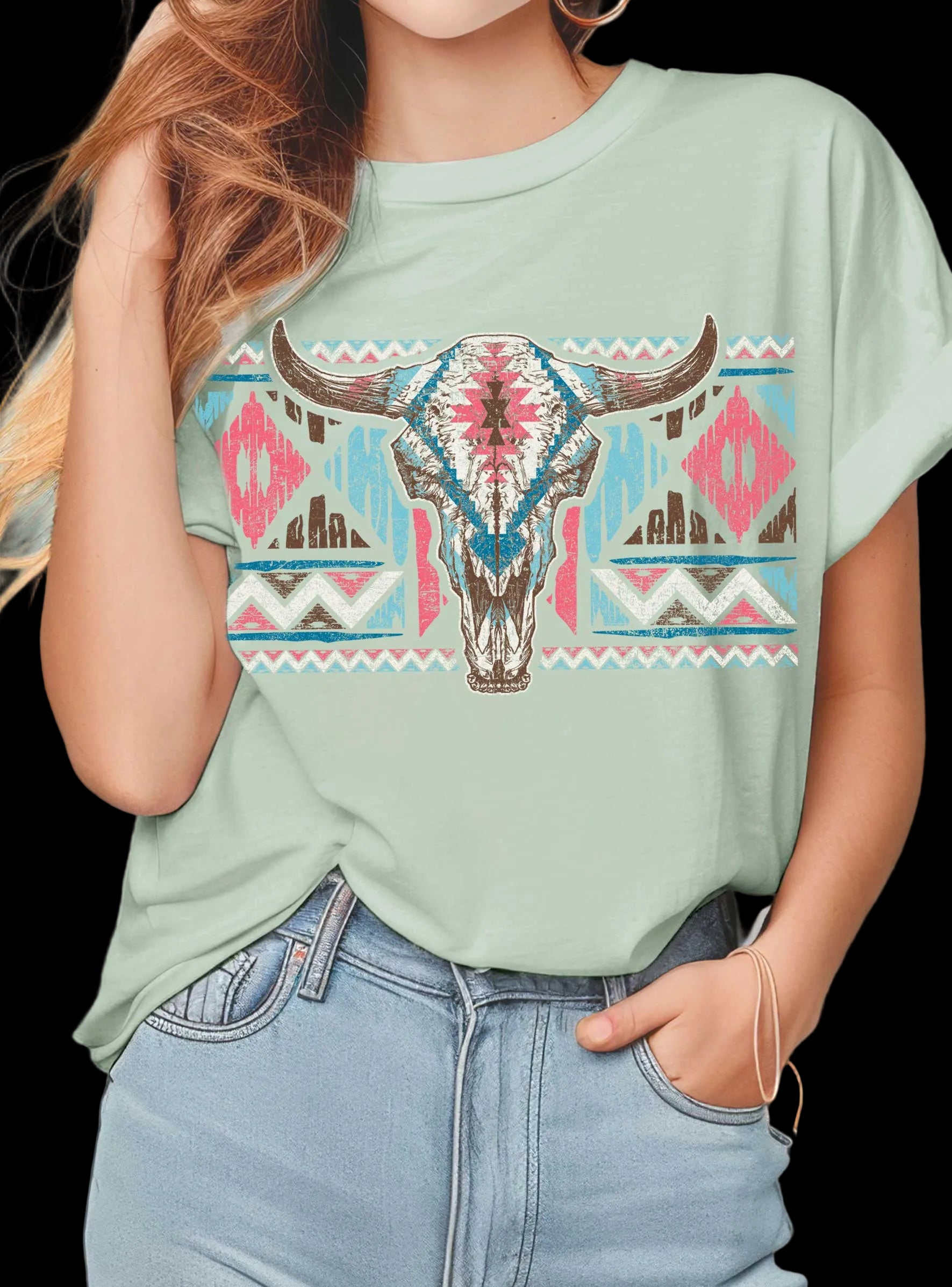Rustee Clothing Womens Aztec Pattern Cow Skull Graphic T-Shirt