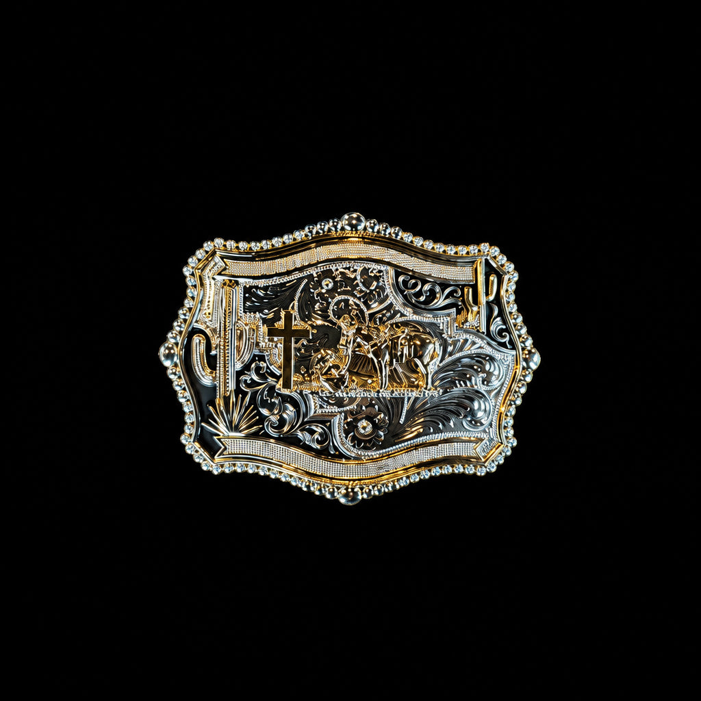 Modestone Belt Buckle- Floral detail with Cross- Rose gold and silver