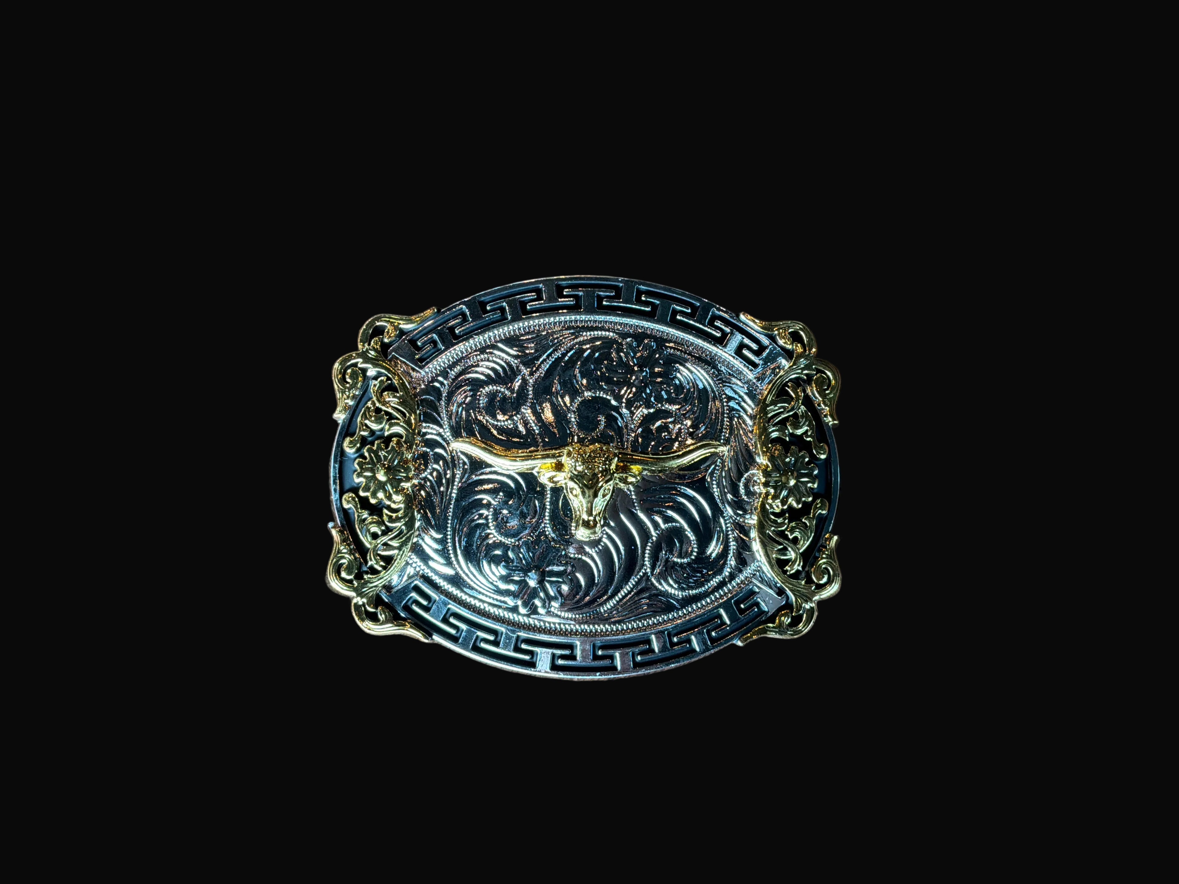Gold/Silver Longhorn Belt Buckle - Rectangle