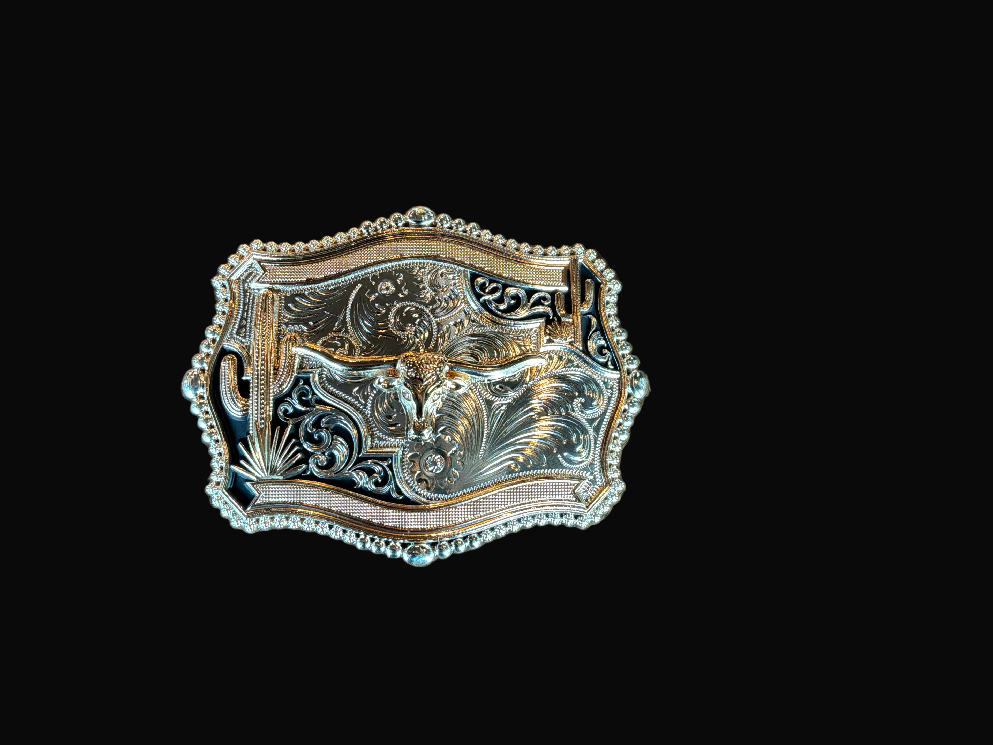 Rose Gold/Silver Long Horn and Cactus Belt Buckle
