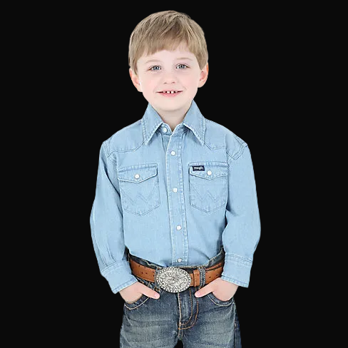 Wrangler Stonewashed Denim Long Sleeve Solid Snap Shirt