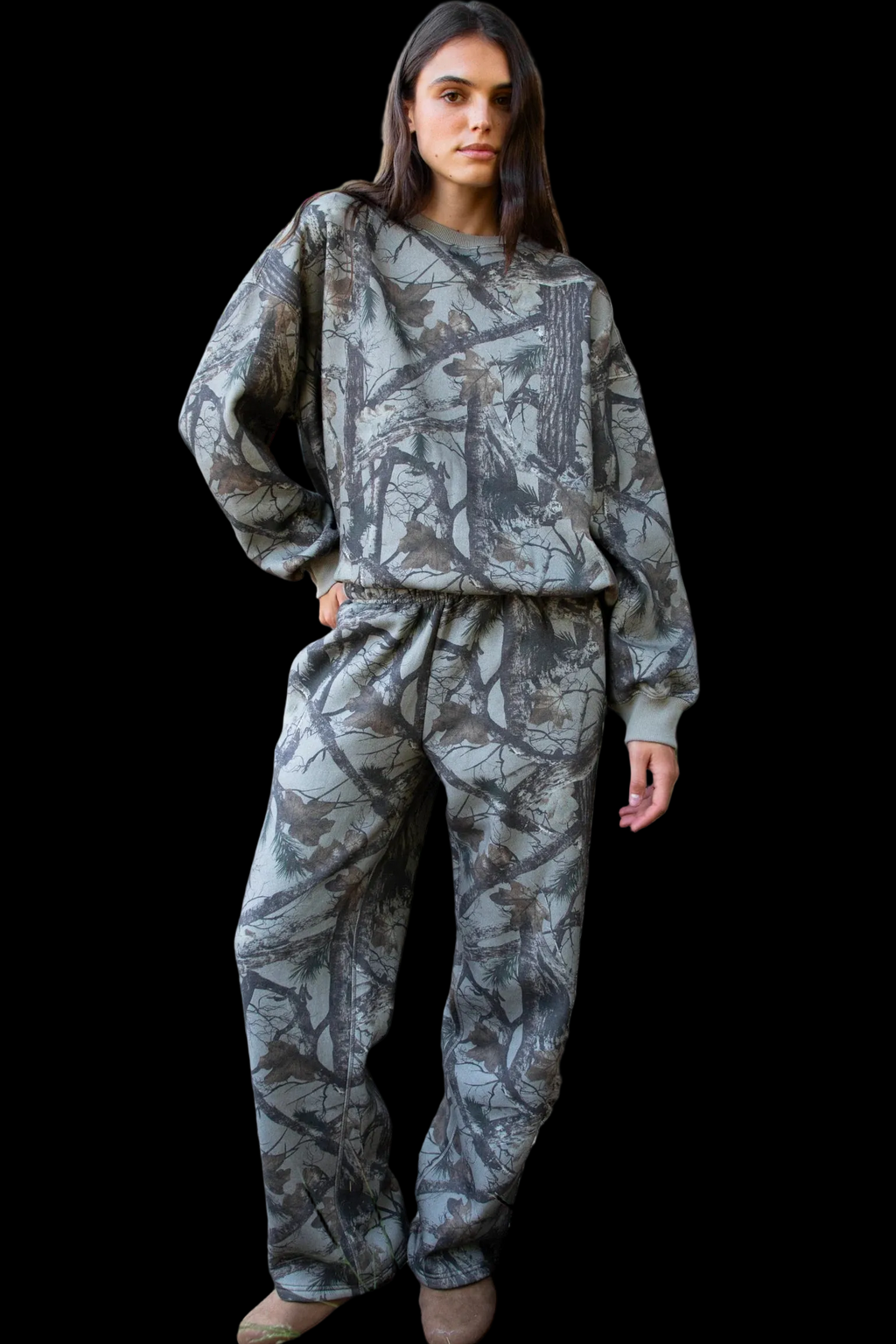 Tic Toc Elk Woodland Camo Cloud Fleece Wide Leg Sweatpants
