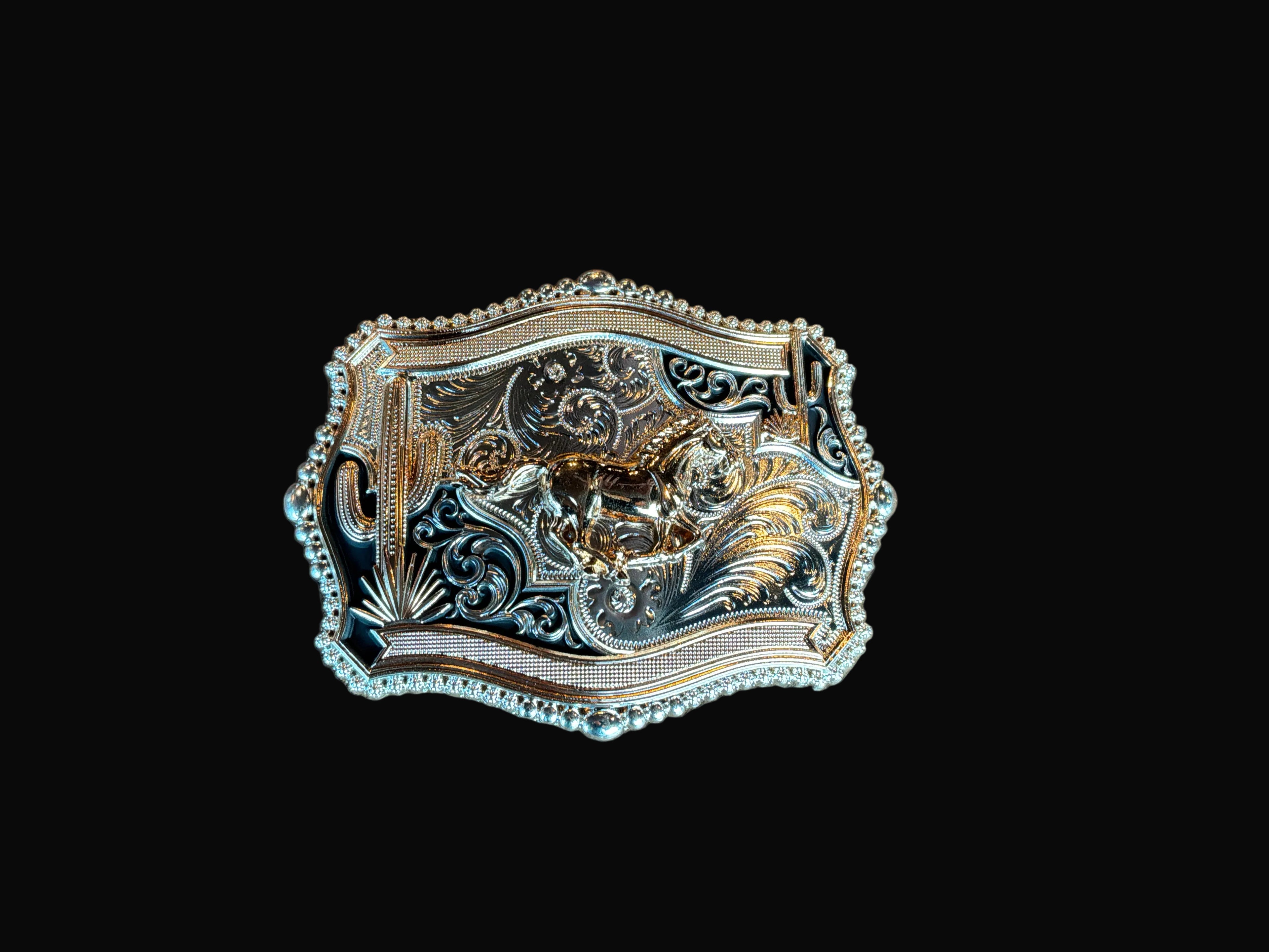 Rose Gold/Silver Galloping Horse with Cactus Belt Buckle