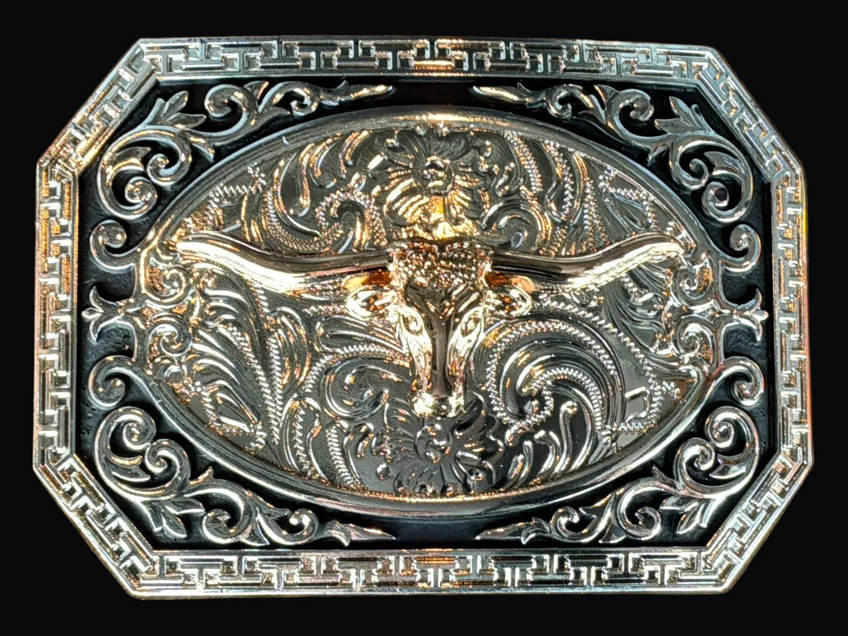 Silver/Rose Gold Floral Long Horn Rectangle Belt Buckle