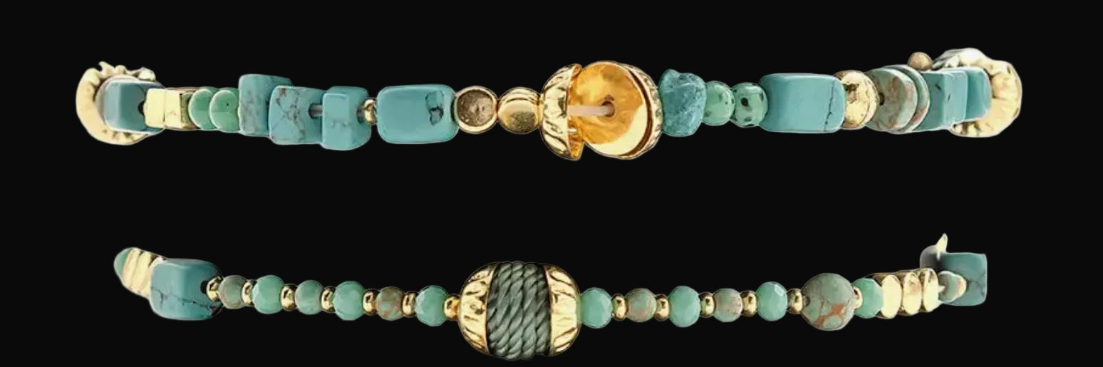 Turquoise and Gold Square & Circle Beaded Bracelet