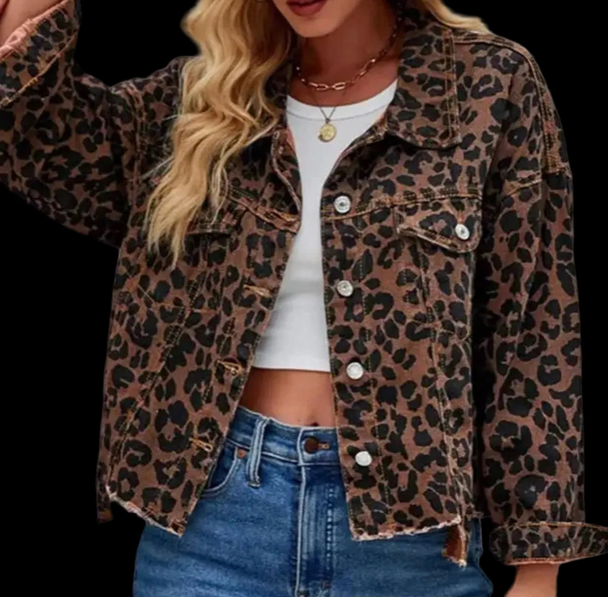 Rosa Leopard Print Cropped Denim Jacket