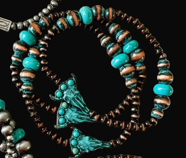 Bull Head Brown & Turquoise Beaded Bracelet