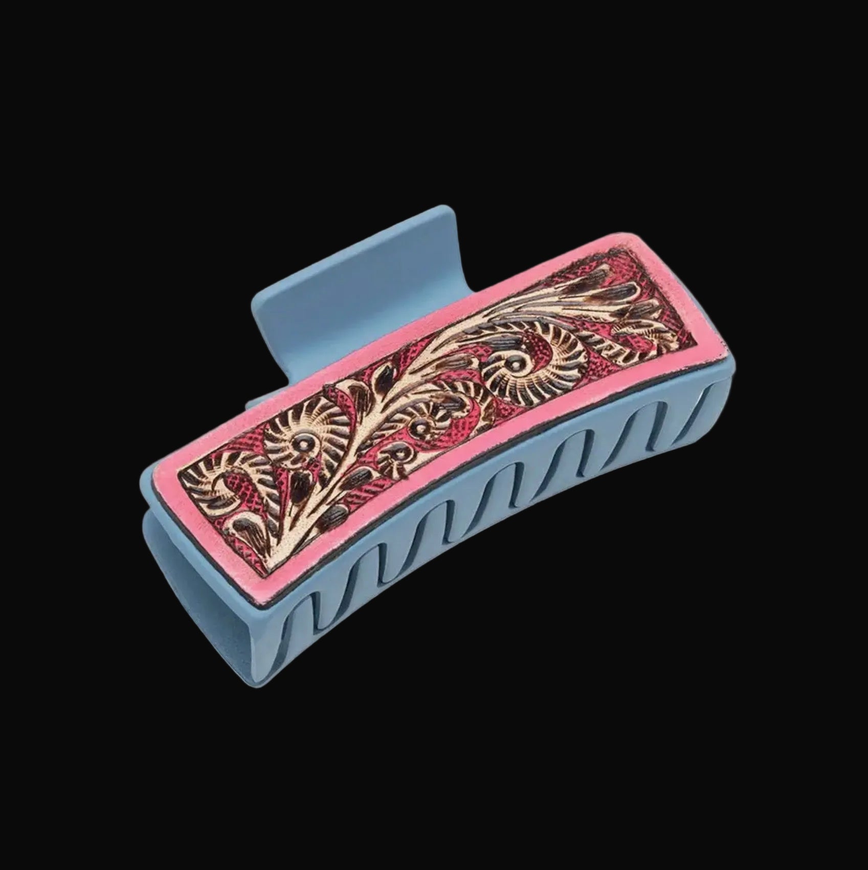 Blue With Pink Tooled Leather Claw Clip