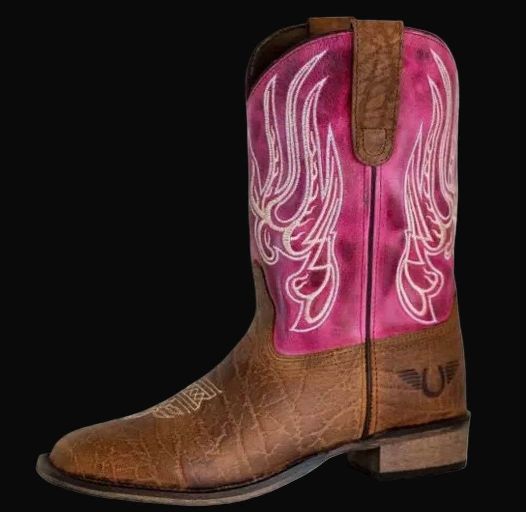 TuffRider Children Flame Embroidered Pink - Square Toe Western Boots