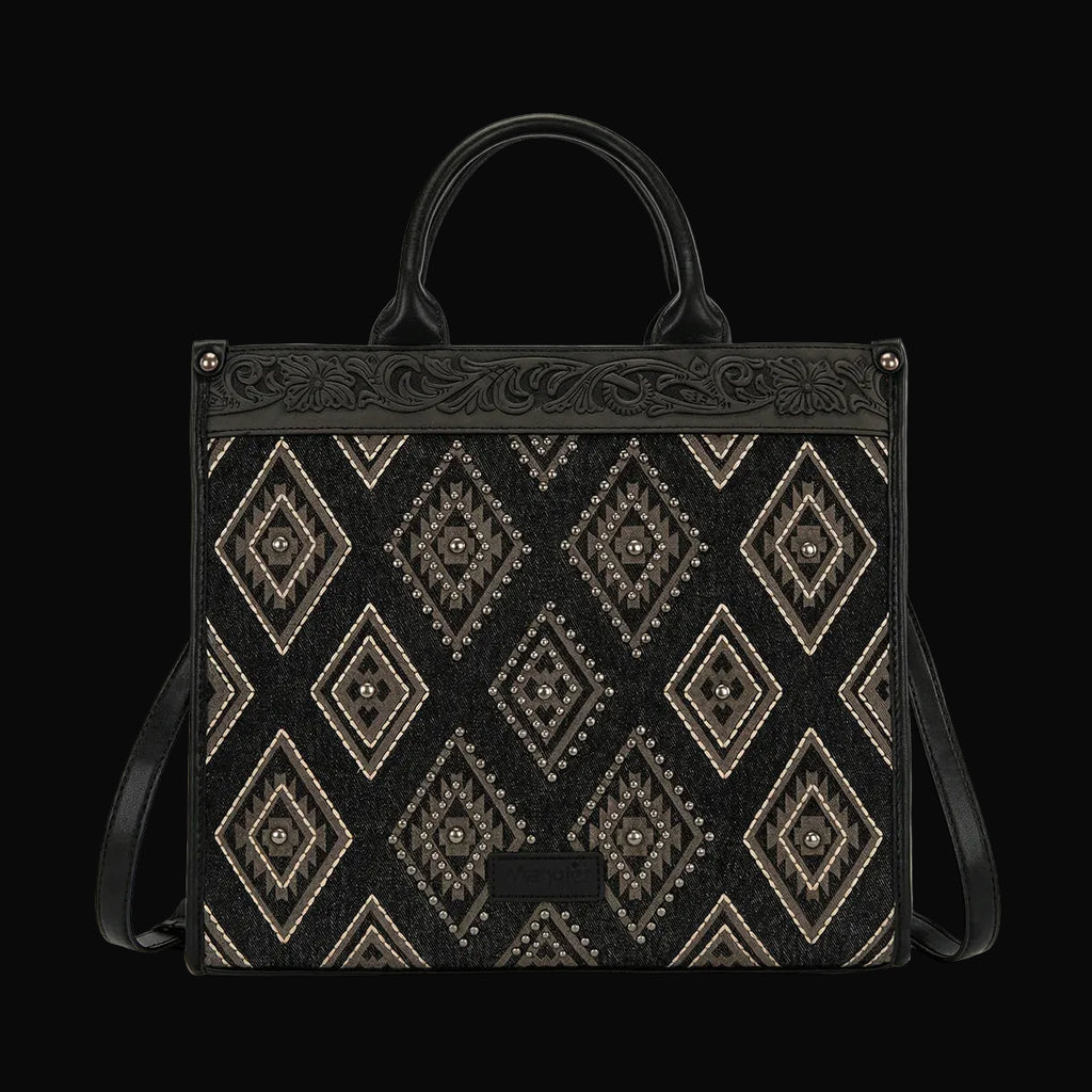 Black Aztec Studded Denim Tote/Crossbody Bag
