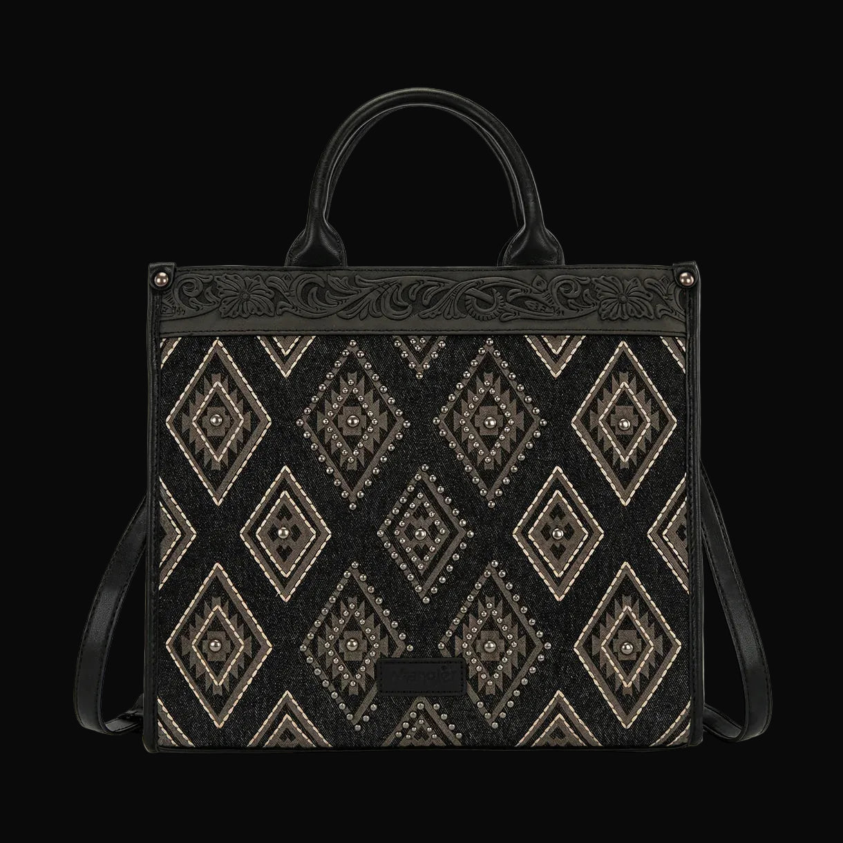 Black Aztec Studded Denim Tote/Crossbody Bag