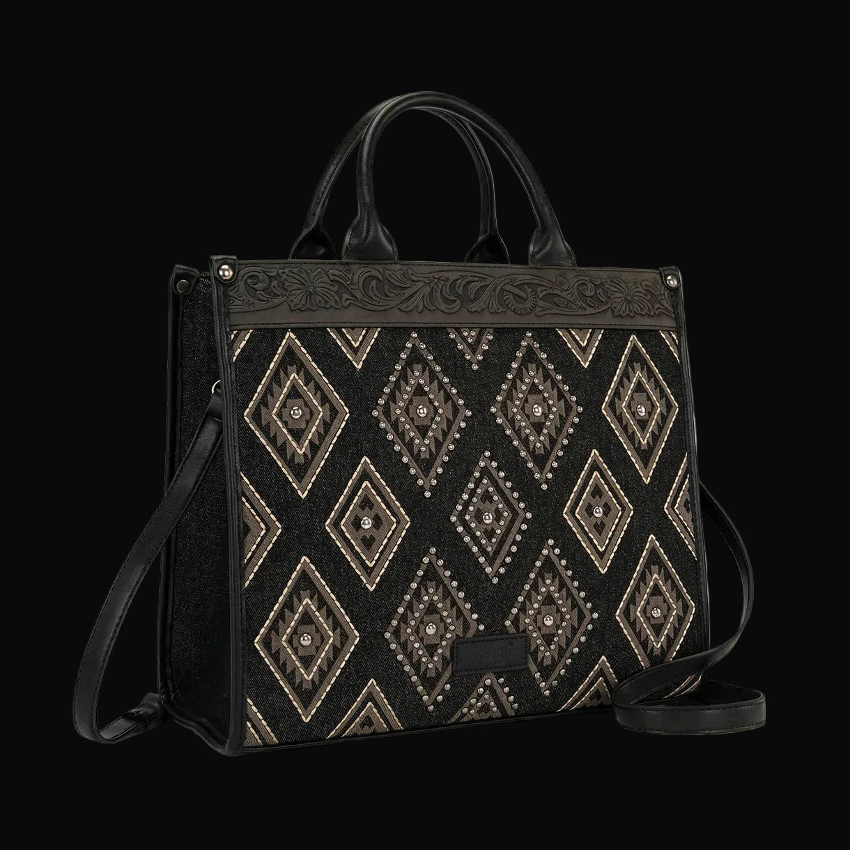 Black Aztec Studded Denim Tote/Crossbody Bag