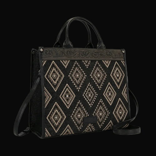 Black Aztec Studded Denim Tote/Crossbody Bag
