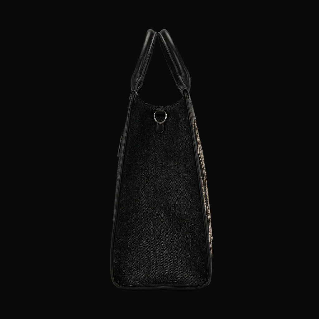 Black Aztec Studded Denim Tote/Crossbody Bag