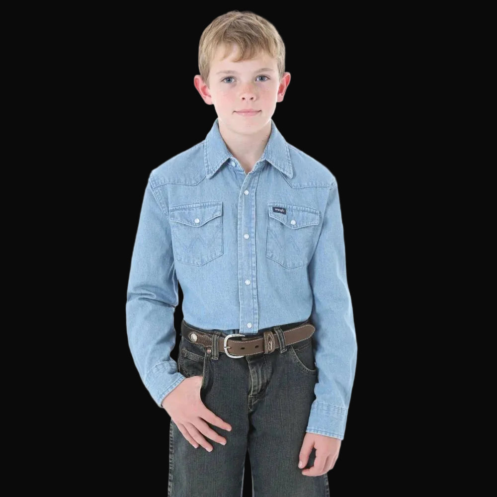 Wrangler Boys Stonewashed Denim Long Sleeve Solid Snap Shirt