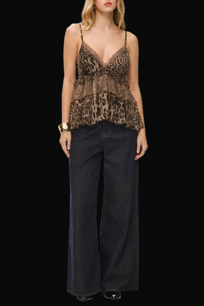 Soli Echo Womens Leopard Asymmetric Spaghetti Strap Tank