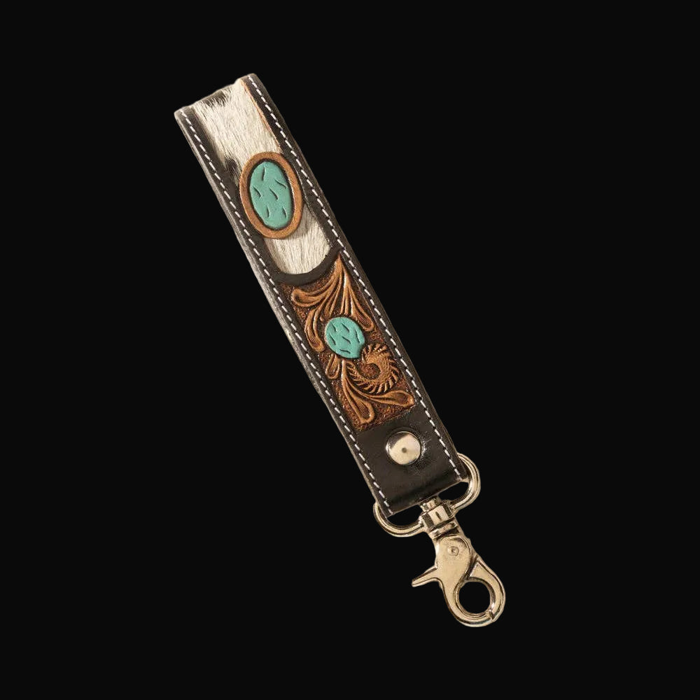 Myra Tallin Bloom Handtooled Leather Keyfob in Saddle Sky: Saddle Sky