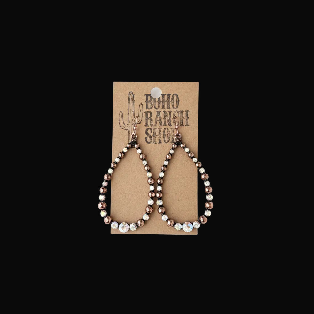 Western Style Open Teardrop Rhinestone Hoop Dangle Earrings: Copper