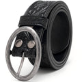 Floral Tooled Leather Western Belt with Antique Silver Buckle: Black
