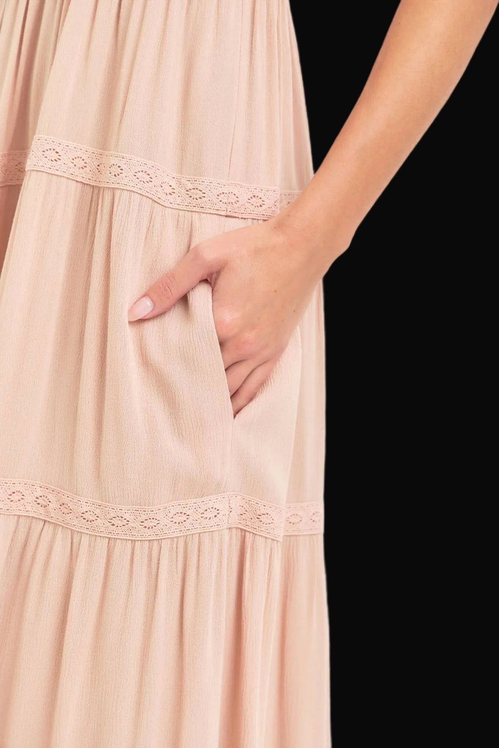 Sweet Lovely by Jen Womens Smocked Brodice Tiered Maxi Dress: Sand / Contemporary