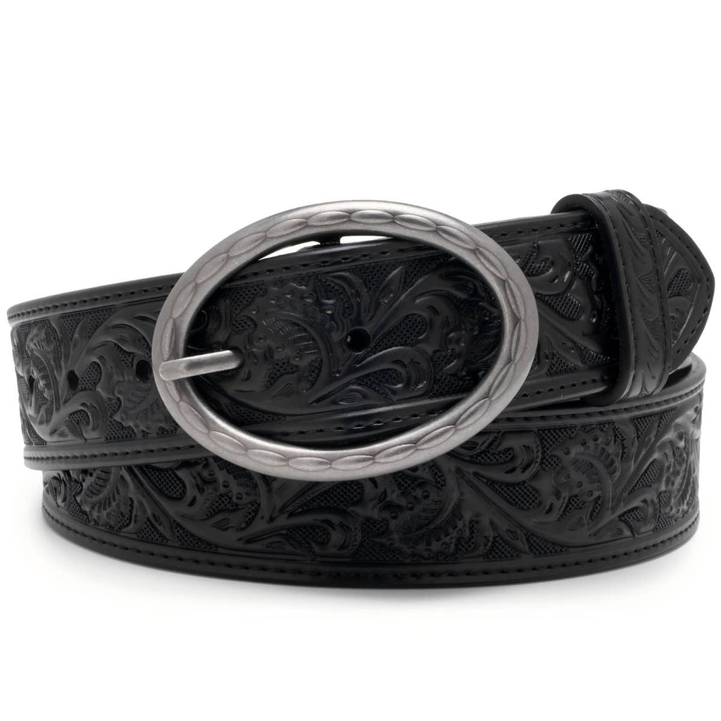 Floral Tooled Leather Western Belt with Antique Silver Buckle: Black