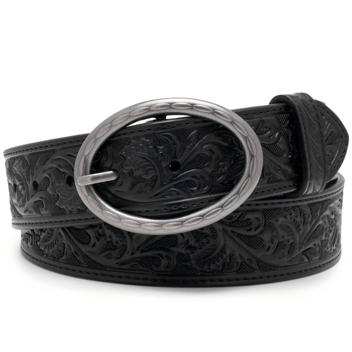 Floral Tooled Leather Western Belt with Antique Silver Buckle: Black