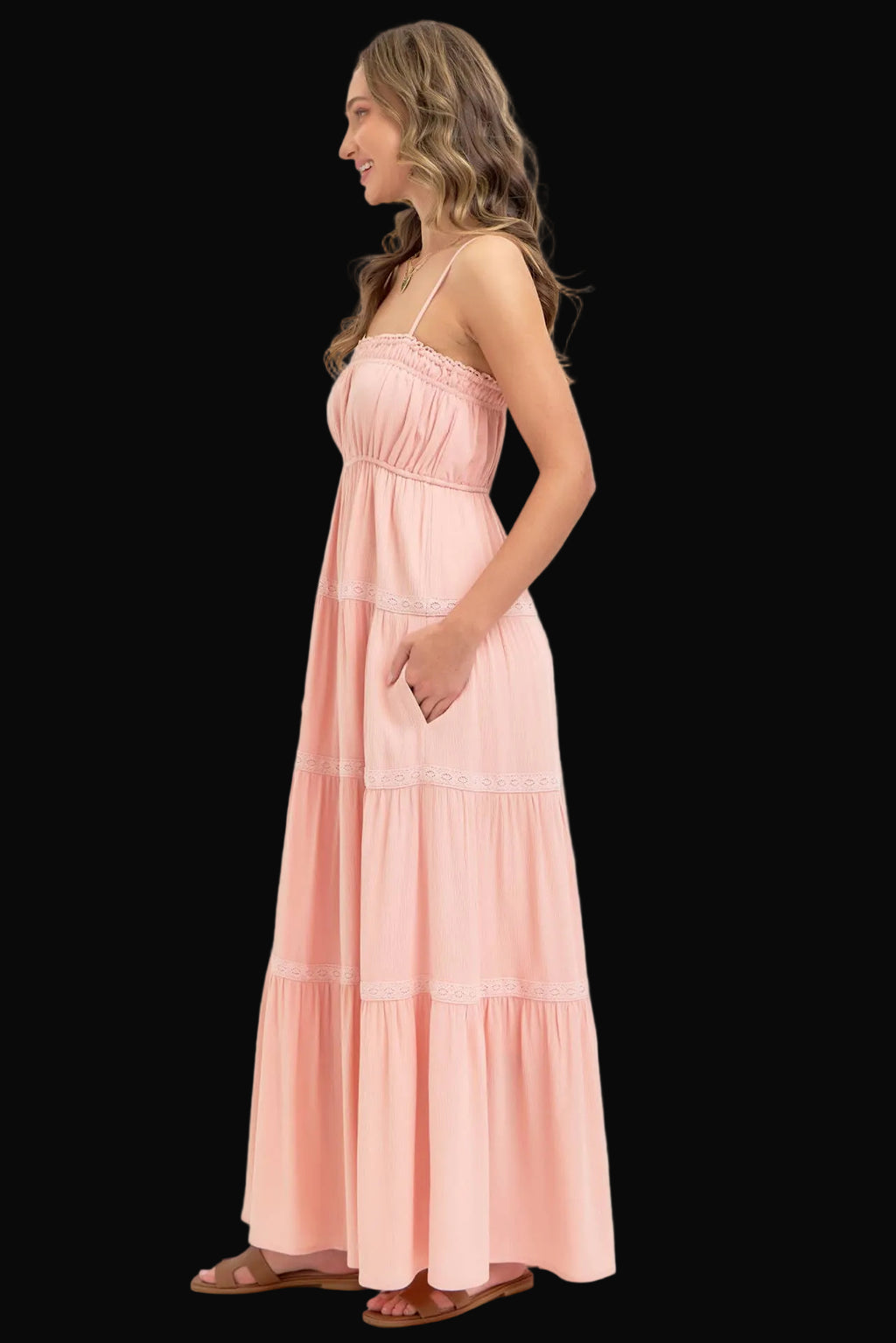 Sweet Lovely by Jen Womens Smocked Brodice Tiered Maxi Dress: Sand / Contemporary