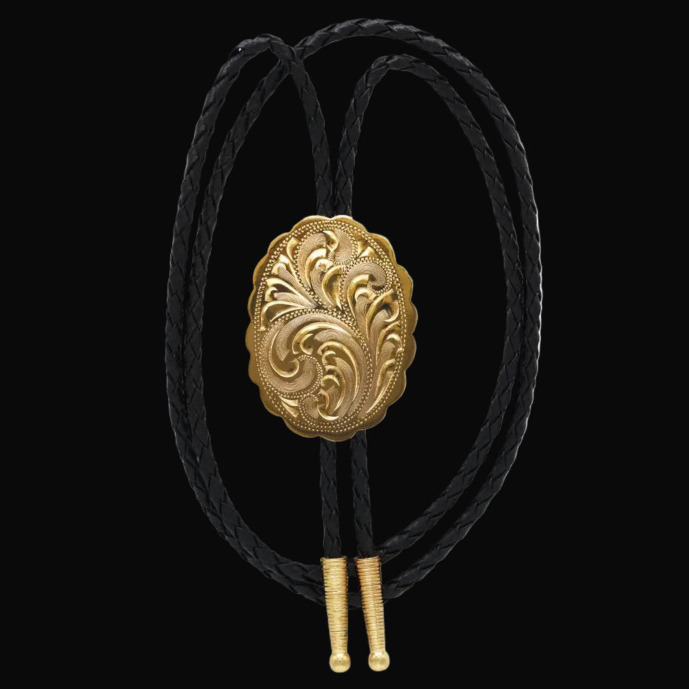 Engraved Gold Scalloped Oval German Silver Bolo Tie