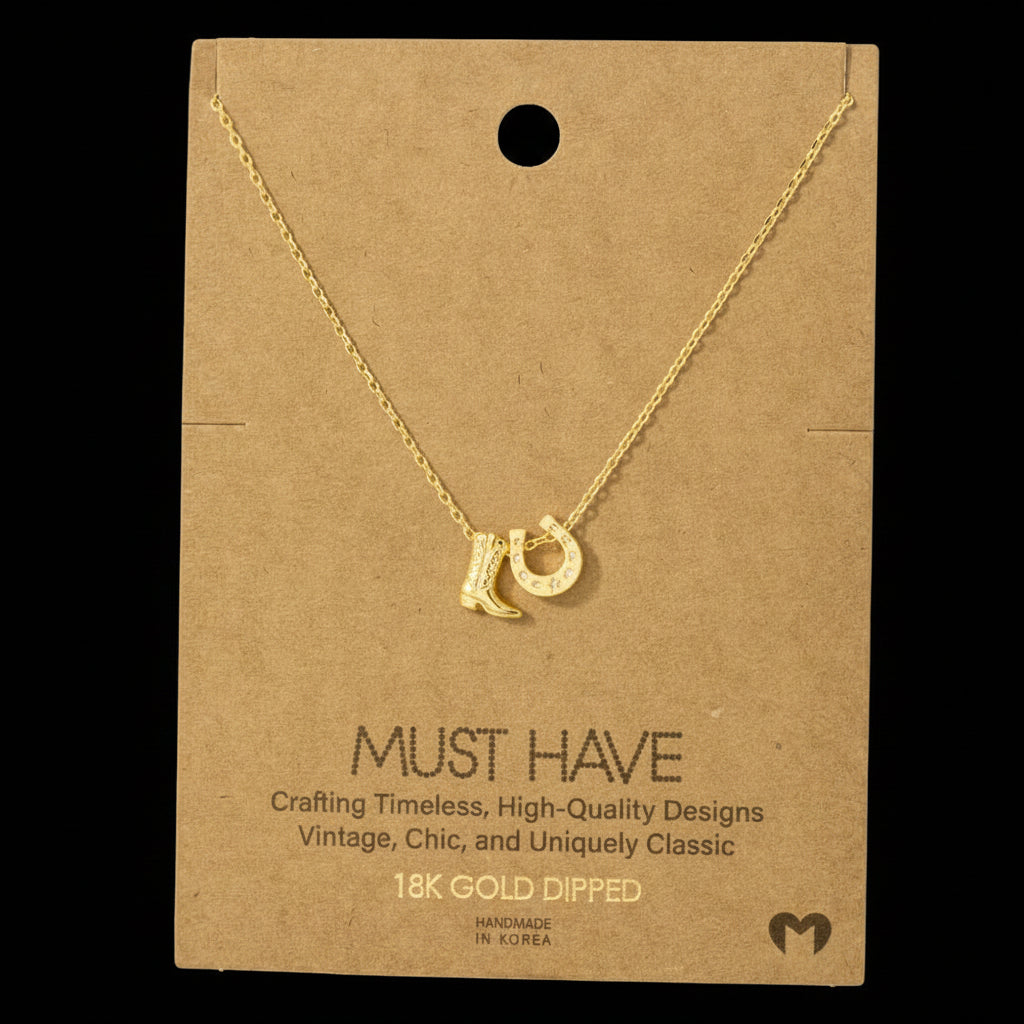 Fame Accessories Cowboy Boots Horse Shoe Charm Necklace