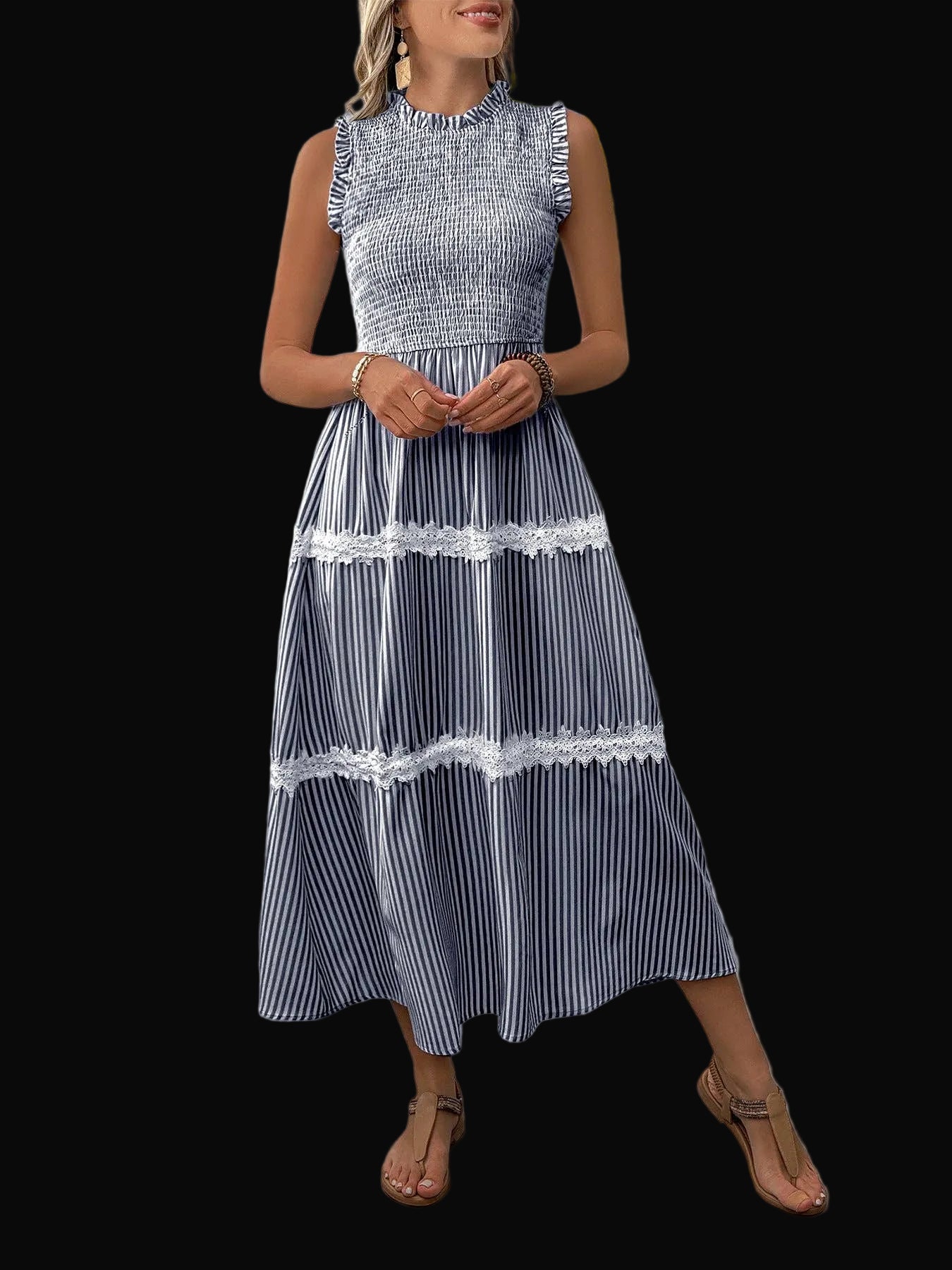 Sleeveless Striped Lace Midi Dress Ruffled A-Line Summer
