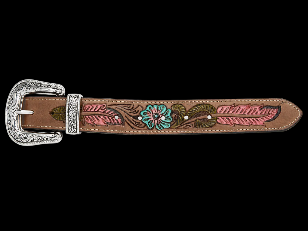 Tooled Leather Belt Turquoise Floral Accent
