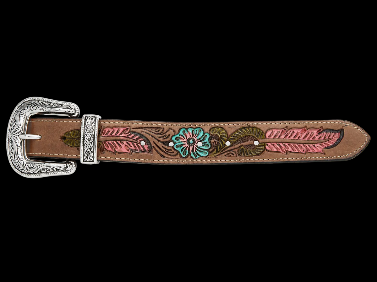 Tooled Leather Belt Turquoise Floral Accent