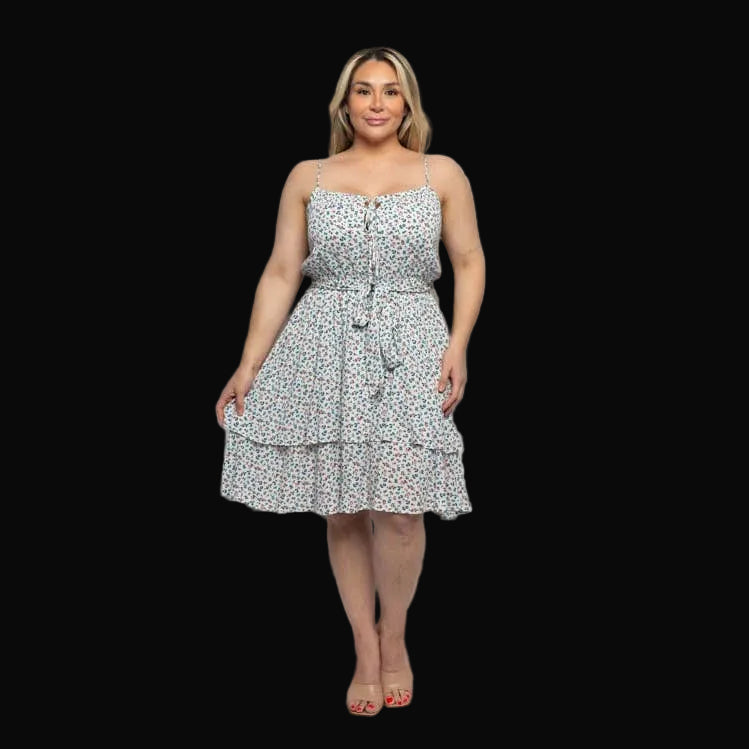 PLUS SIZE DITSY FLORAL TIE WAIST TIERED MIDI DRESS: White