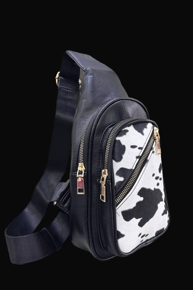 Desheng Cow Print Crossbody Sling Bag: Black