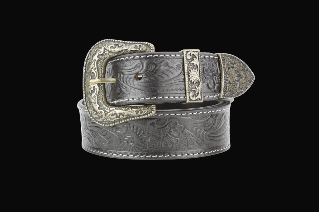 Black Tooled Leather Belt with Floral Filigree