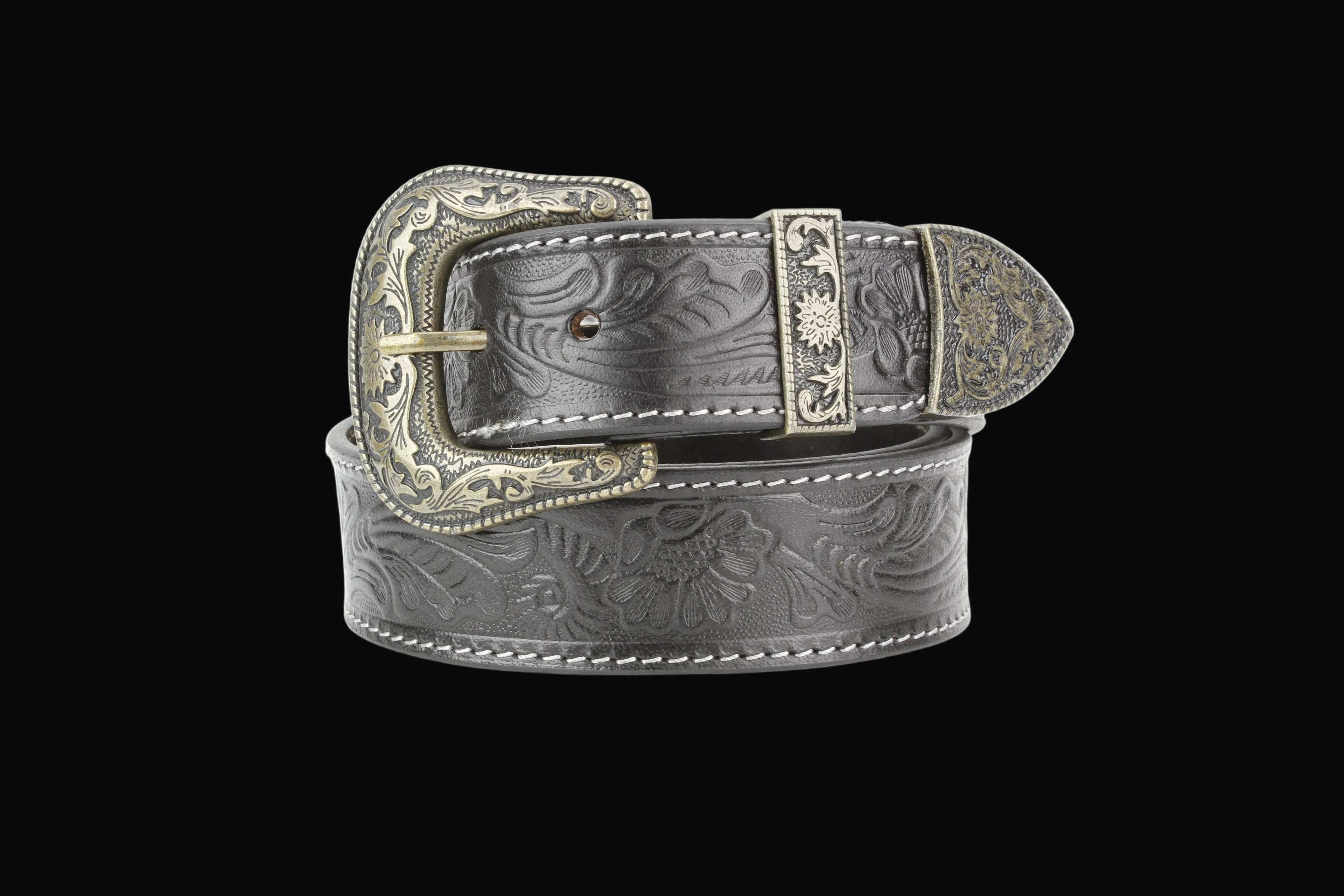 Black Tooled Leather Belt with Floral Filigree