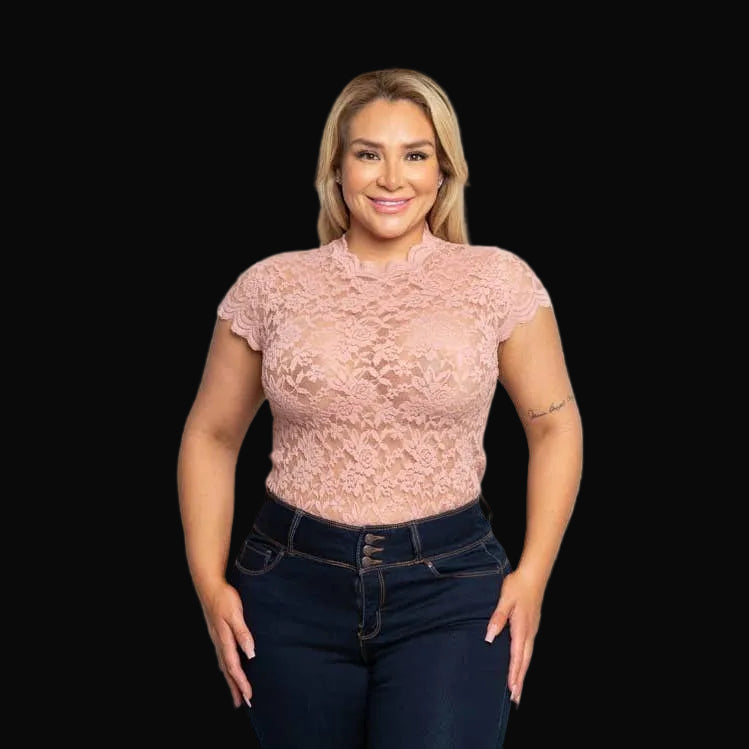 PLUS SIZE FLORAL SCALLOP LACE MOCK NECK BODYSUIT: Mauve
